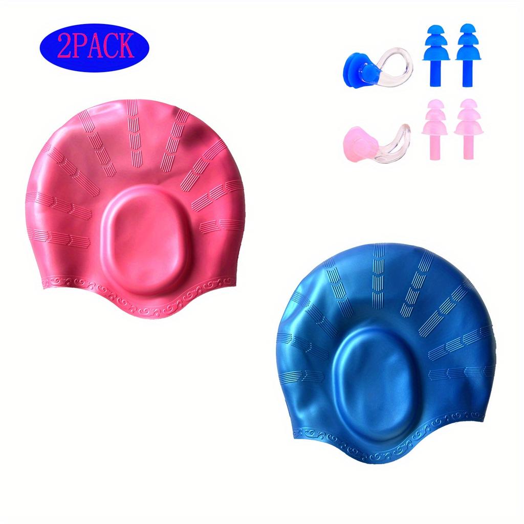 2pcs Silicone Swim Caps with Waterproof, 3D Fit Design for Men & Women with Long Hair, Includes Black & Blue Caps + Earplugs
