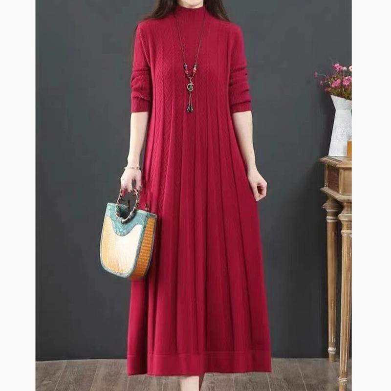 

Вязаное платье Осень и Зима Полувысокий воротник Свободное Выше колена А-силуэт Платье Длинный свитер Женский свитер 3XL бордовый