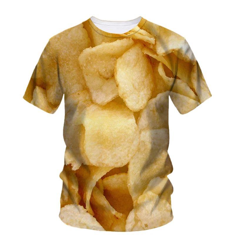 Summer Men Creative Personality Potato Chip Snack Pattern T-Shirt Fashion Interesting O Neck Short Sleeve Loose Plus Size Top