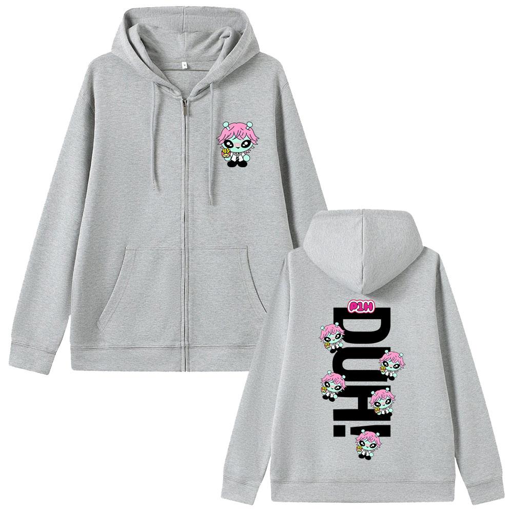 Korean Kpop P1Harmony  Duh Cartoon Style Print Zipper Hoodie Cat Funny Meme Zip Up Jacket Men Women Hip Hop Fashion Hoodies