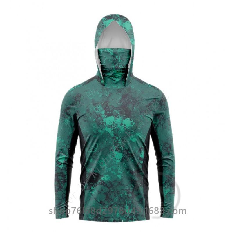 Mens Quick-Dry Ice Silk Long Sleeve Fishing Shirt With Hood Integrated Face Cover Camo Outdoor Performance Top