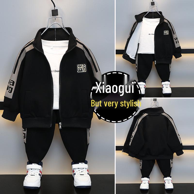 Boys' Trendy Fleece-Lined Zip-Up Cardigan & Pants Set for Autumn and Winter
