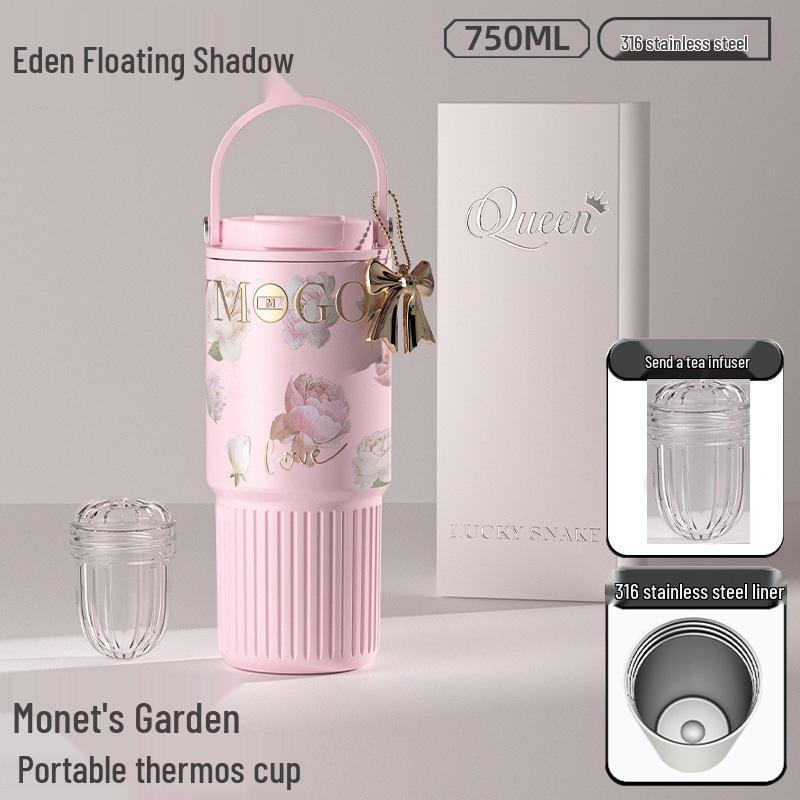 

Elegant Ceramic Thermos Cup with Handle and Straw for Women - Large Capacity, Car-Friendly, Stylish Design 750ml