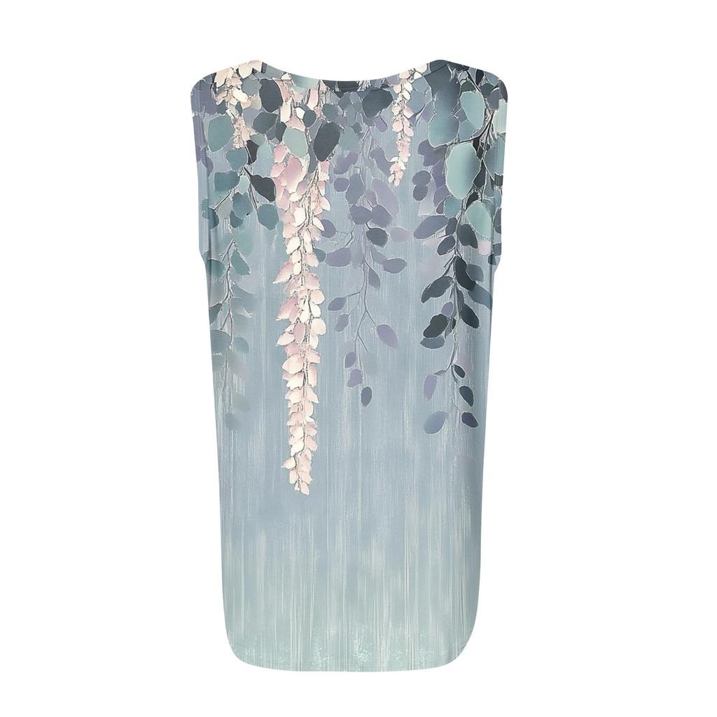 Women's Pleated Square Neck Sleeveless Tank Top Plant Print T-Shirt