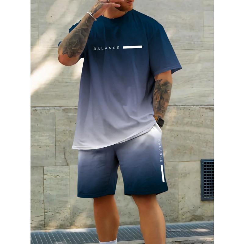 Trendy Gradient Color Short Sleeve T Shirt Shorts Set Plus Size Vacation Beach T-shirt Shorts 2-piece Set Loose Men's Clothing