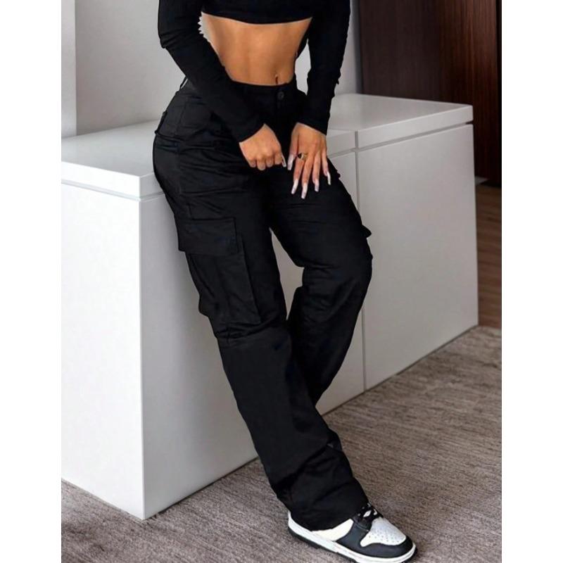 

women s Mid Rise Camo Print Multi Pocket Straight Leg Cargo Pants Streetwear Casual Long Trousers 3XL чорний