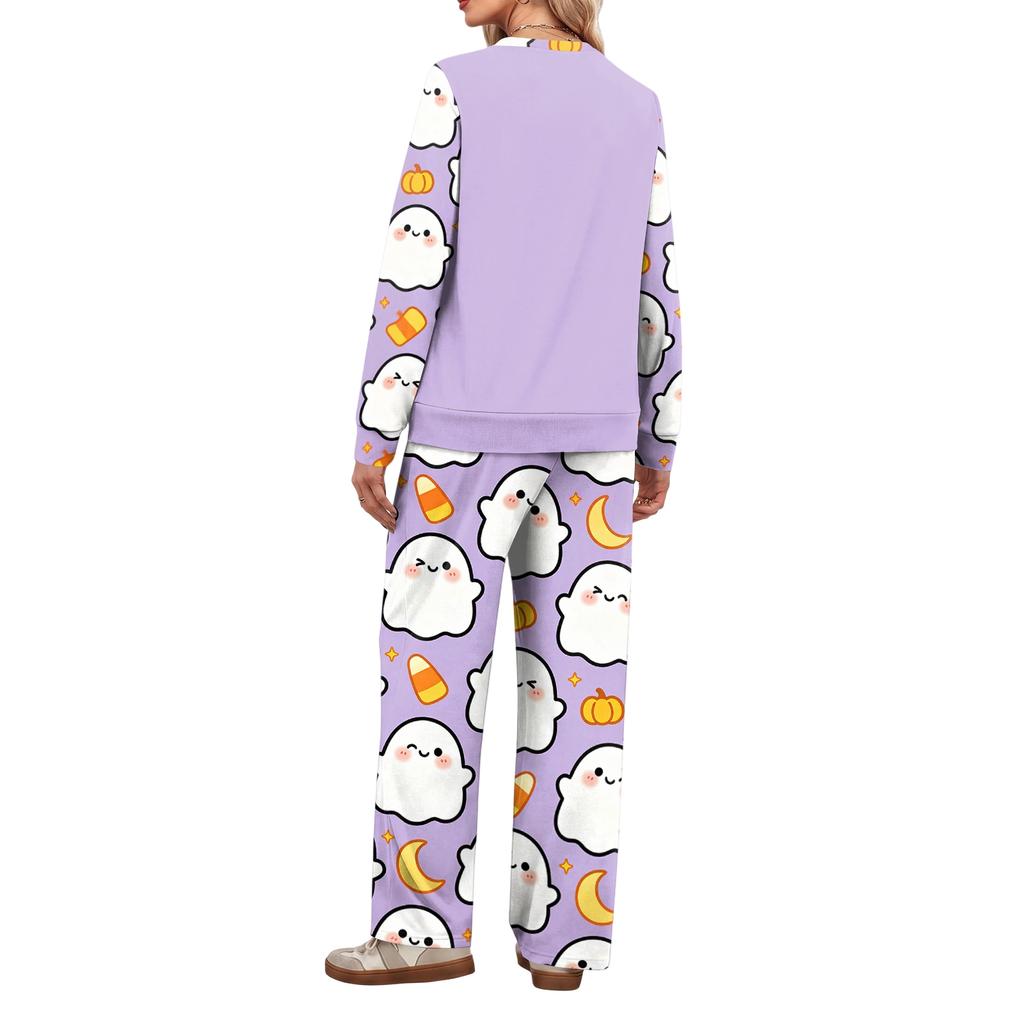 Women's Halloween Print Hoodie and Jogger Pants Set, Round Neck Loose Fit Casual Sweatsuit