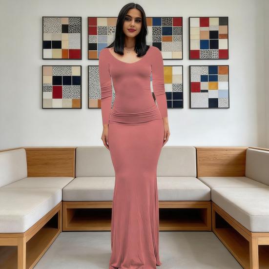 Rochie Maxi cu Mâneci Lungi pentru Femei Toamnă Casual Gât Rotund Rochie Lungă Slim Fit Bodycon Cu Volane Rochie de Cocktail