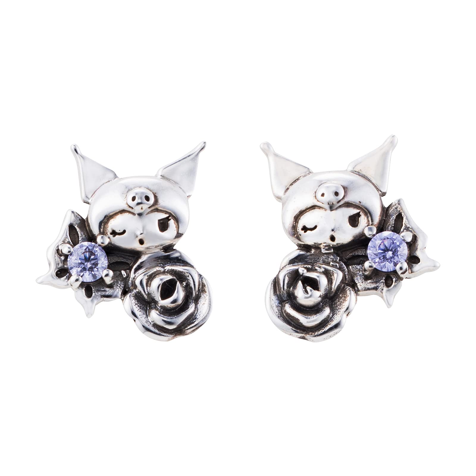 

Сережки Kuromi 925 проби, срібло, кубічний цирконій, оксидована квітка метелика KUROMI Sanrio Characters [біла конюшина] SAKU-P004