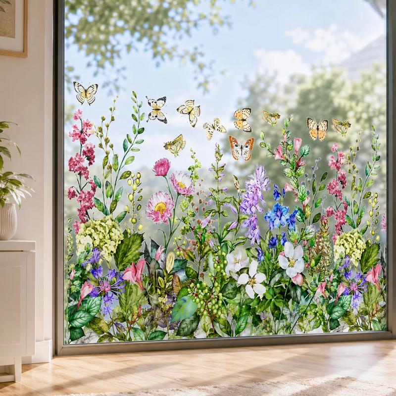Floral Butterfly Window Static Cling 1/2 Sheets Wildflower Pattern Sticker for Birthday Party Window Decoration