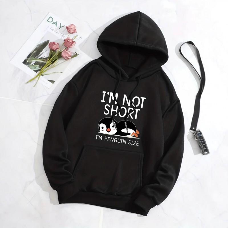 Cute Penguin Print Hoodie Loose Fit Long Sleeve Pullover Sweatshirt Men Casual Wear