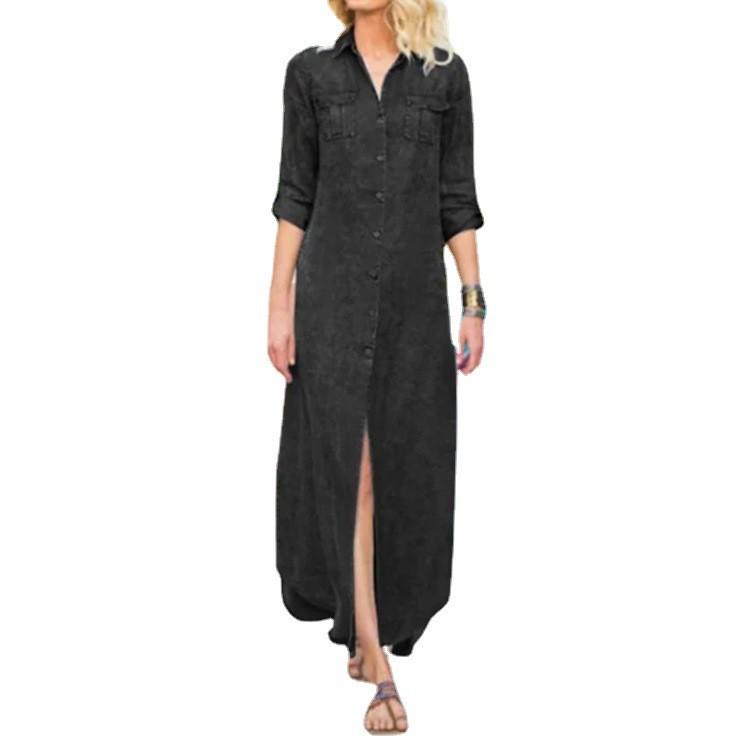 2023 Women's Loose Solid Color Casual Denim Dress - Single-breasted, Summer Style