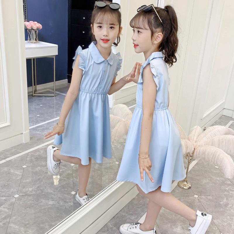 Girls Chiffon Dress Summer Fashion Children's Solid Color Lapel Lace Princess Dress