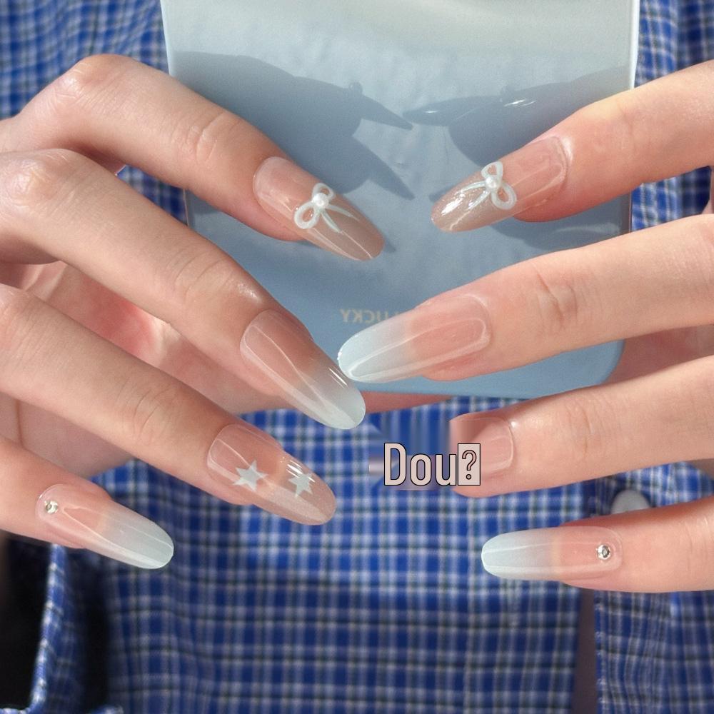 26 New Spring/Summer Ice Translucent Nude Gradient Sea Salt Star Nails with 3D Bow