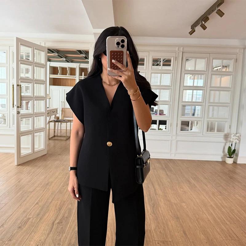 Casual 2 Piece Pants Sets Women Solid One Button Blazer Zippers High Waist Pleat Wide Trousers 2025 Spring Summer Lady Outfits