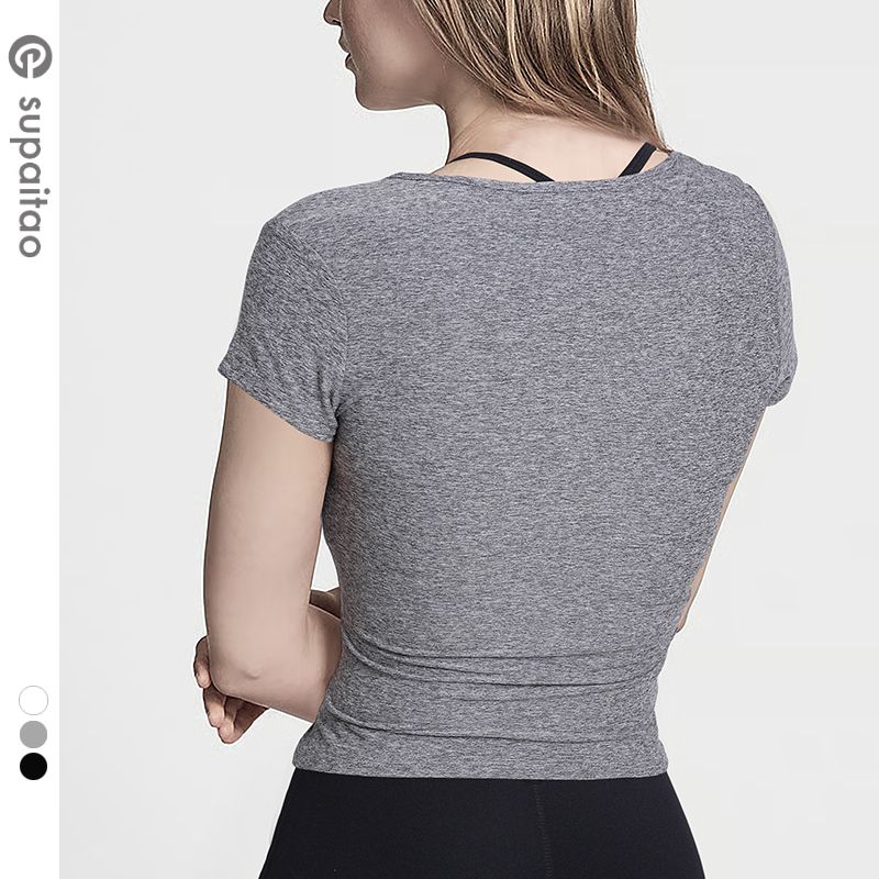 

Supaitao Basic Style Short Sleeve Yoga Jacket Nude Feel Quick-Drying Wicking Silm Workout Clothes Elastic Training Running Women Hemp Ash L/8