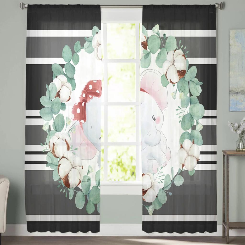 Elegant Elephant Cotton Bow Tulle Curtains for Living Room Kitchen Bedroom Balcony Sheer Chiffon Fashion Home Decor