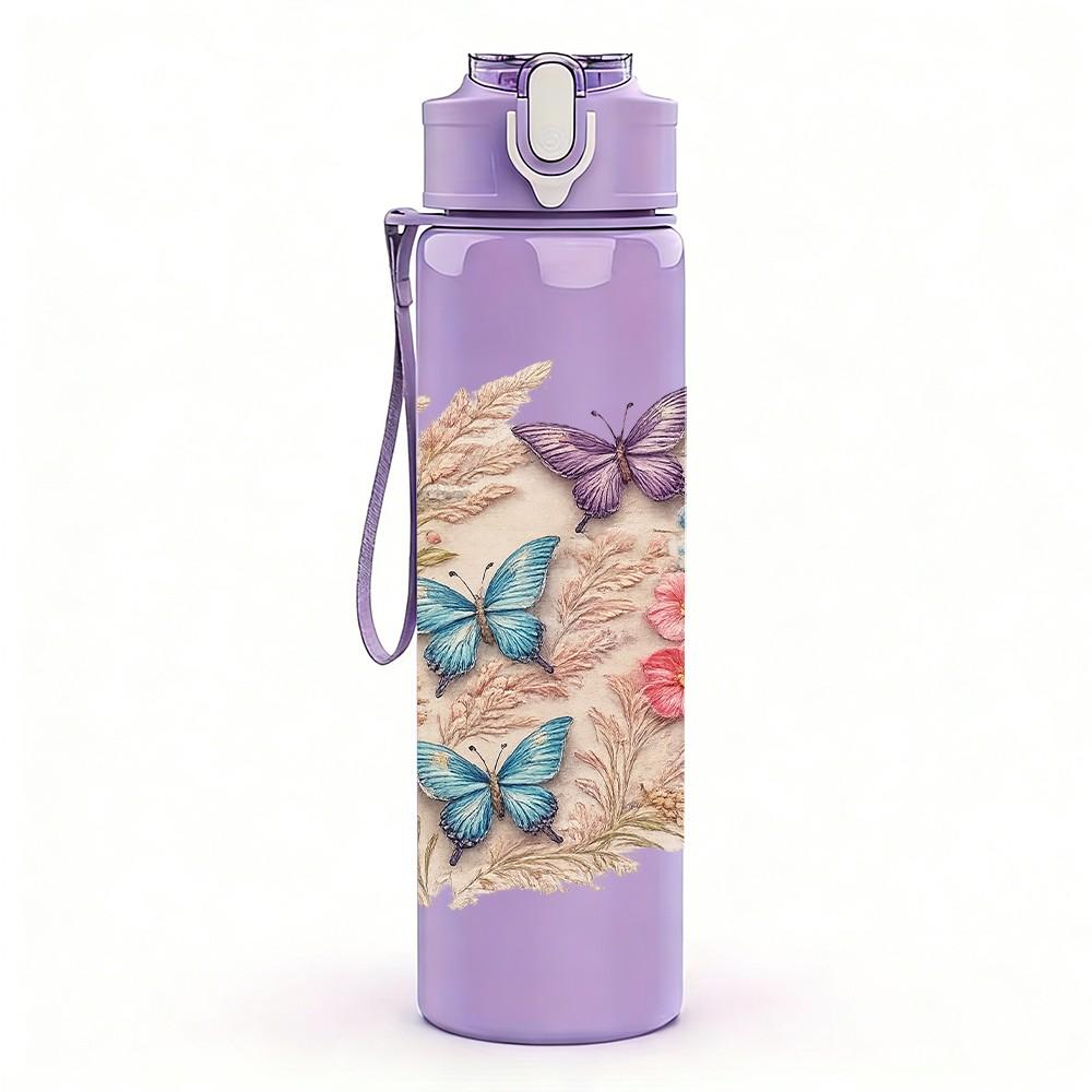 1PC Butterfly Over Soft Floral Background Print 750ml Color Plastic Sports Water Bottle Leakproof Flip Straw Lid Suitable for Sports Office Home Use