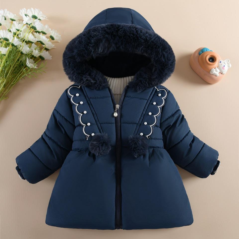 Children Autumn Winter Thick Cotton Coat Kids Girls Warm Pearls Jacket Plush Collar Hooded Windproof Outwear