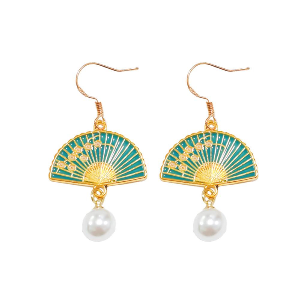 Ethnic Chinese Pearl Pendant Earrings for Women Retro Style Traditional Wedding Jewelry Flower Fan Shaped Tassel Creative Gifts