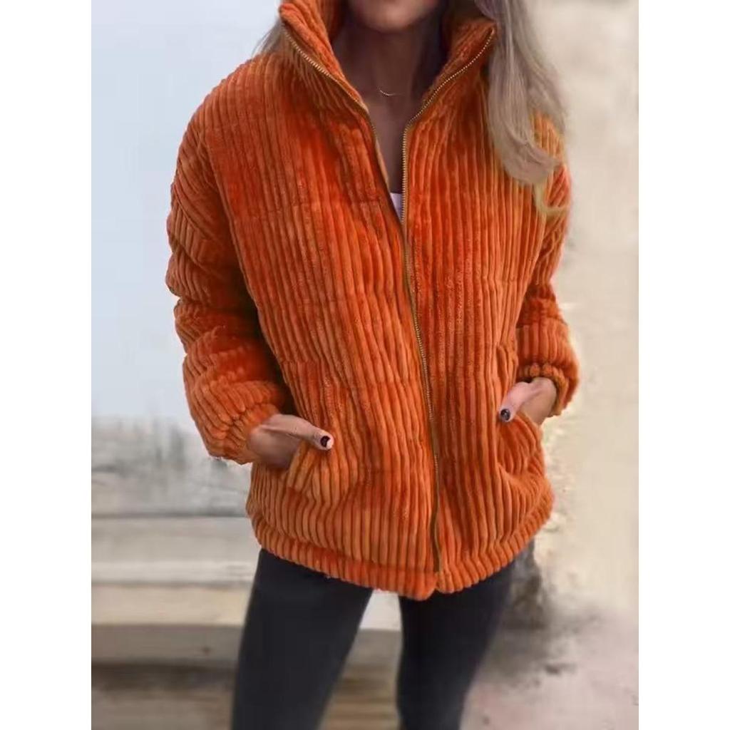 2026 Autumn Winter Women's Corduroy Stand Collar Long Sleeve Short Jacket with Pockets