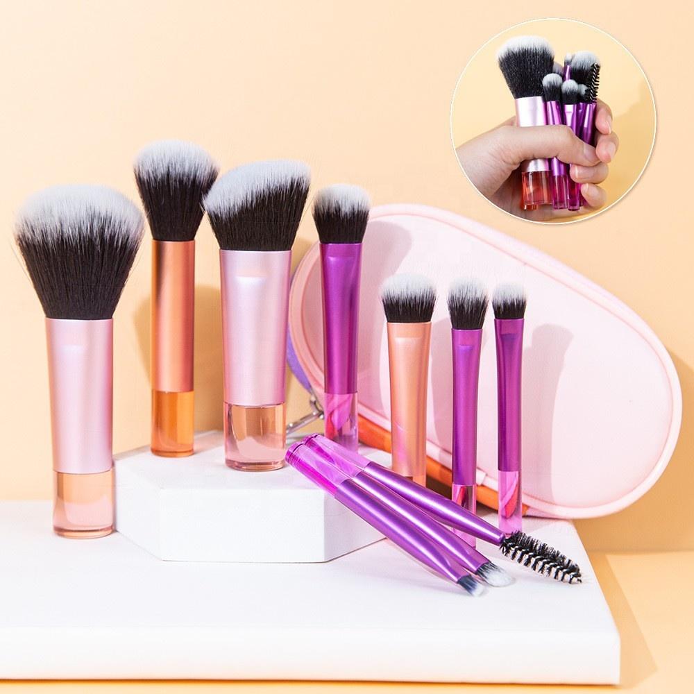 Makeup Brush Set 10 Piece Essential Travel Makeup Kit Face Synthetic Hair Brushes with Transparent Crystal Handle