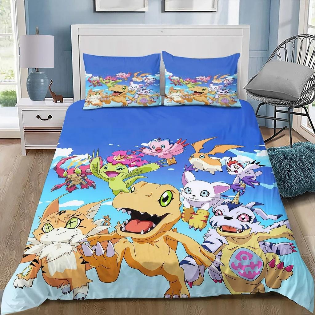 Digimon Cartoon 3D-Printed Bedding Set—Includes Duvet Cover and Pillowcases—Available for Single, Double, King, and Queen-Sized