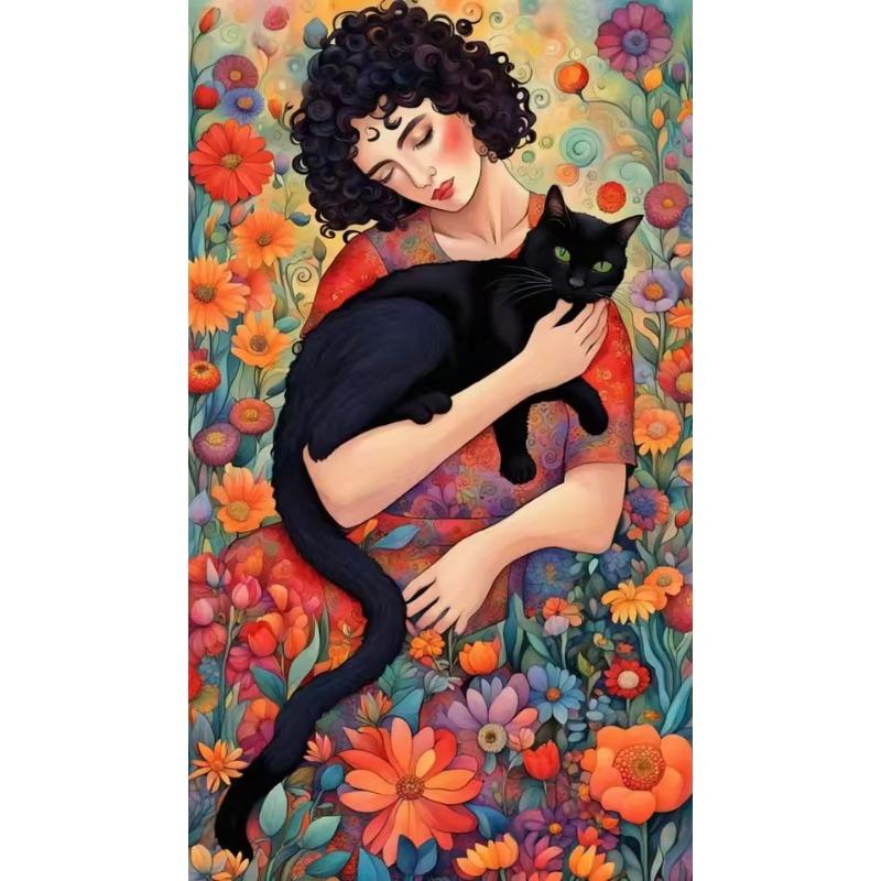 Creativity Beauty Women and Black Cat Canvas Paintings Wall Art Posters and Prints for Living Room Abstract Home Decor Mural