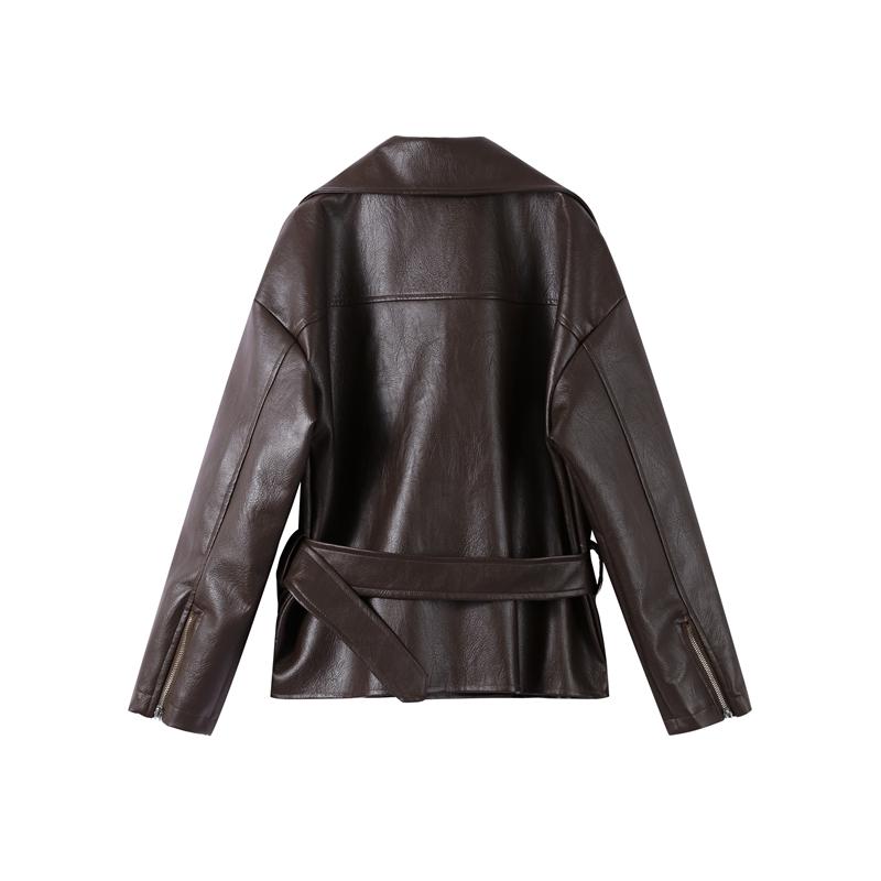 Zipper Lapel Lace-up Loose Leather Jacket Women's Motorcycle Style Short Jacket Fashion Streetwear Autumn 2025