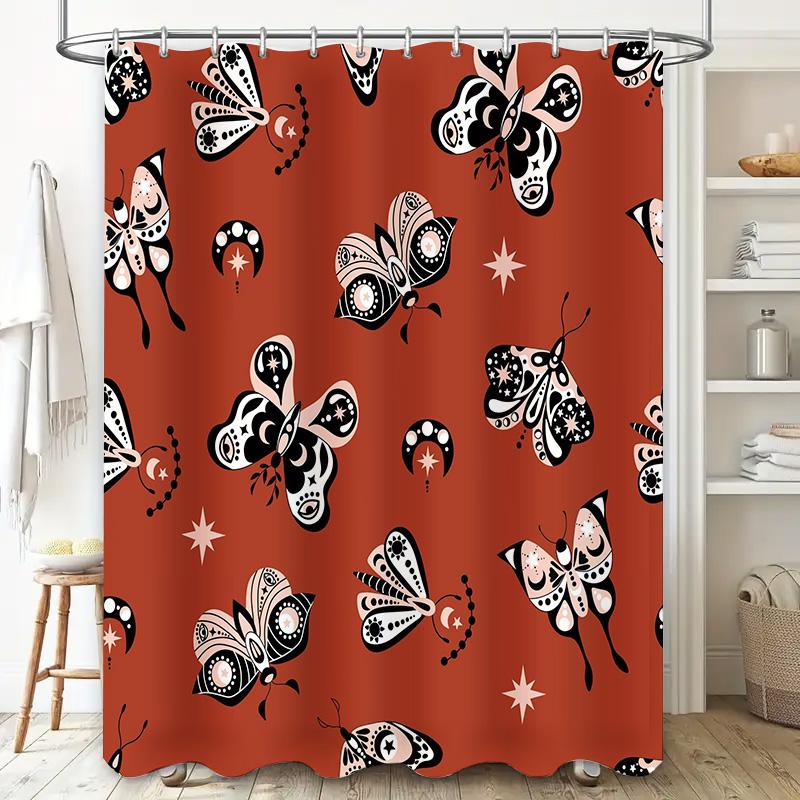 Black White Pattern Shower Curtain Decorative Bath Mat with Orange Butterfly Print for Home Bathroom Accessories