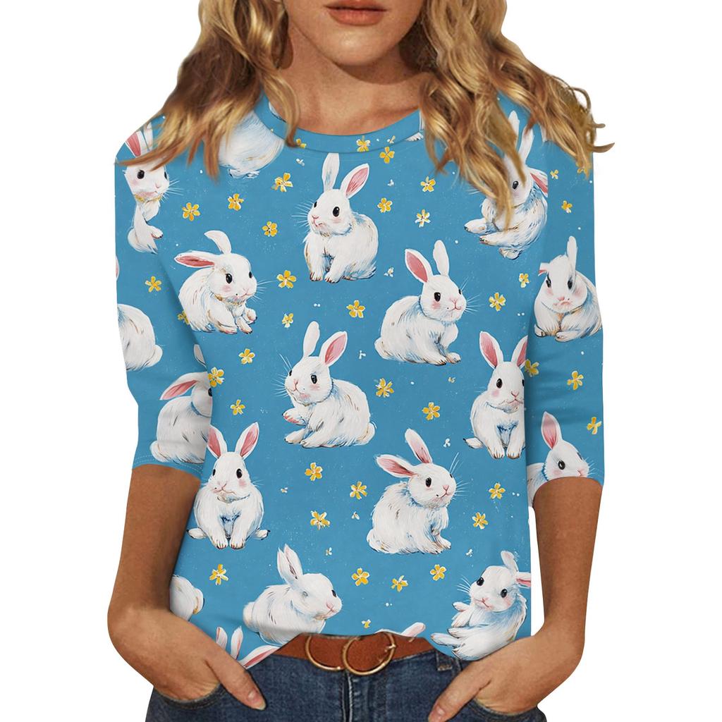 Women's Fashionable Casual Easter Bunny And Egg Print Neck Three-Quarter Sleeve T-Shirt