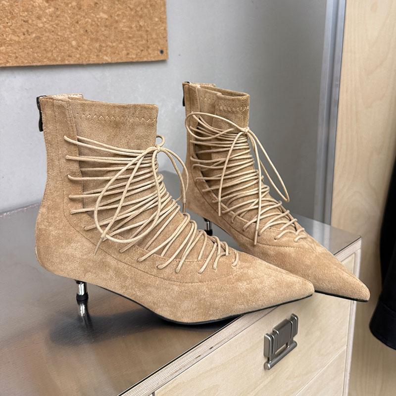Fashion Fashion Pointed Toe Party Ladies Ankle Modern Boots Shoes With Low Heel Footwear Lace Up Women Short Boots Female Pumps