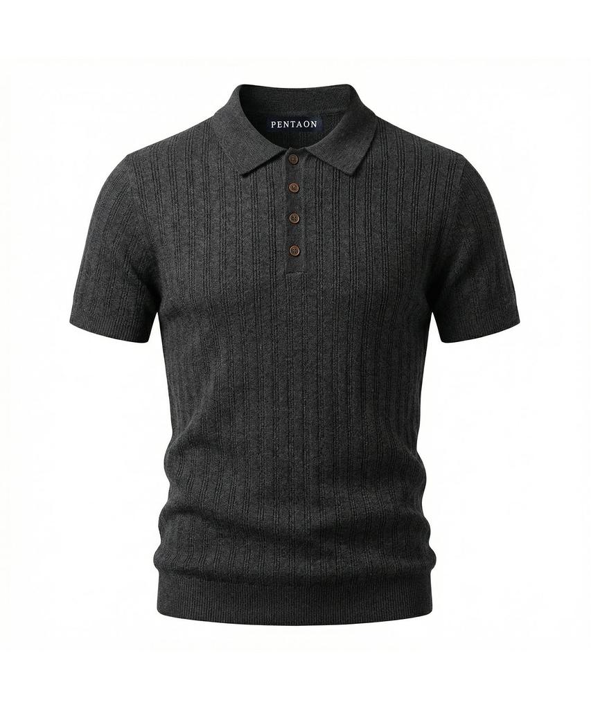 Pentaon Polo Collared Button Ribbed Short Sleeve Knit T-Shirt
