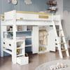 Bunk Bed, with Fall Protection Rail, with Table and Wardrobe, Ample Storage Space, with Four-Step Ladder, Pine+MDF+Plywood, White+Natural, 90x200cm