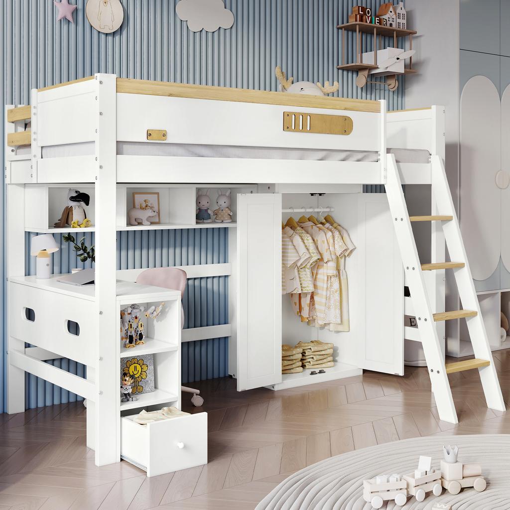 Bunk Bed, with Fall Protection Rail, with Table and Wardrobe, Ample Storage Space, with Four-Step Ladder, Pine+MDF+Plywood, White+Natural, 90x200cm