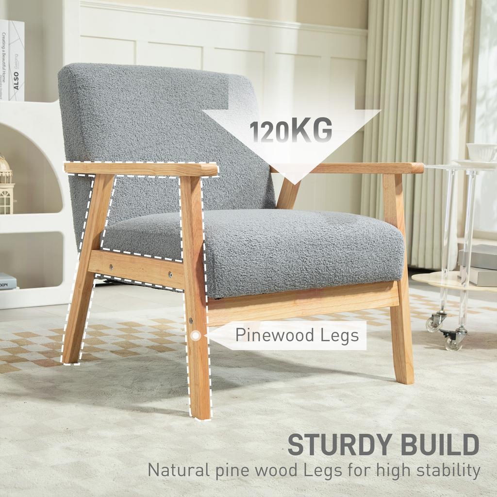 Modern Armchair, Cashmere Upholstered Sofa with Solid Wood Legs and Wide Seat, Accent Chair for Living Room Bedroom Office, Grey