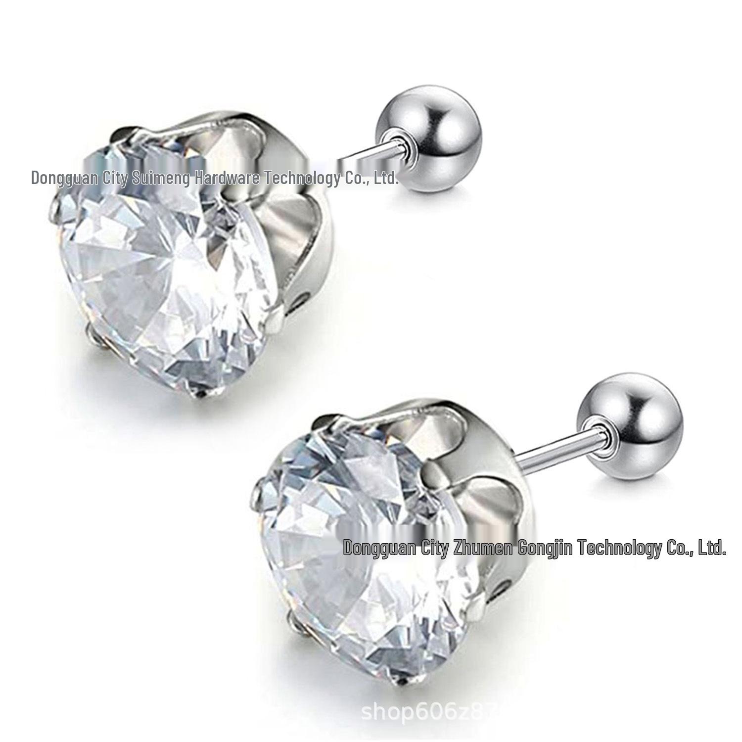 316L Stainless Steel Zircon Stud Earrings Set with Six-Prong Crown and Screw Ball Steel Color 3mm Stud Earrings