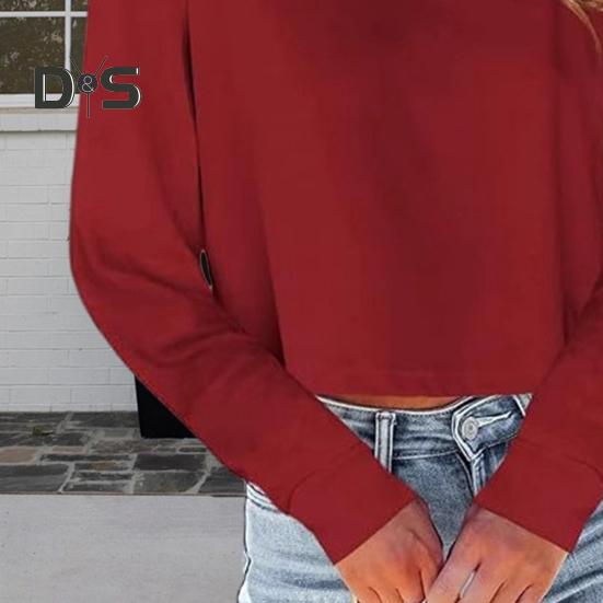 Dámské zkrácené mikiny s dlouhým rukávem, pulovr, fleecový crop top, nadměrná trička s kulatým výstřihem na podzim a zimu