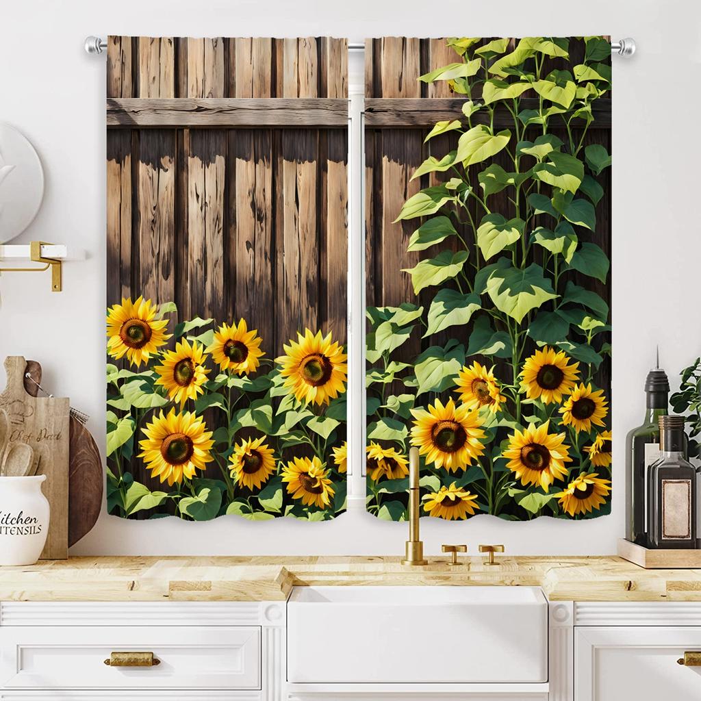 2pcs  HD summer sunflower wooden door decorative curtain Yellow decorative curtain Yellow digital printed curtain Home decorat