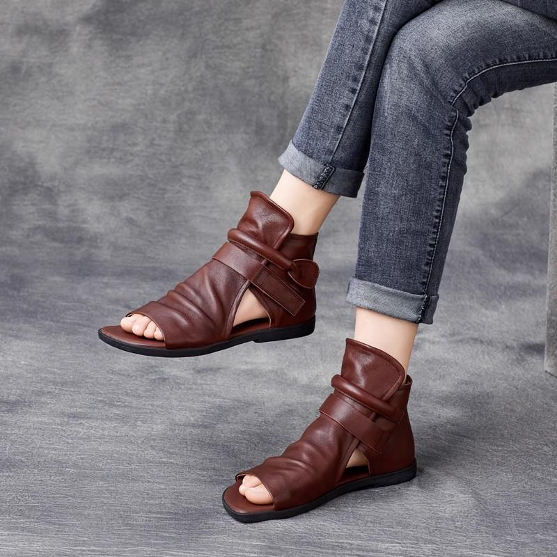 Fashion GKTINOO 2025 Summer Shoes Genuine Leather Cool Boots Women's Handmade Flat Heels Sandals Women High Top Cowhide Open Toe Zipper