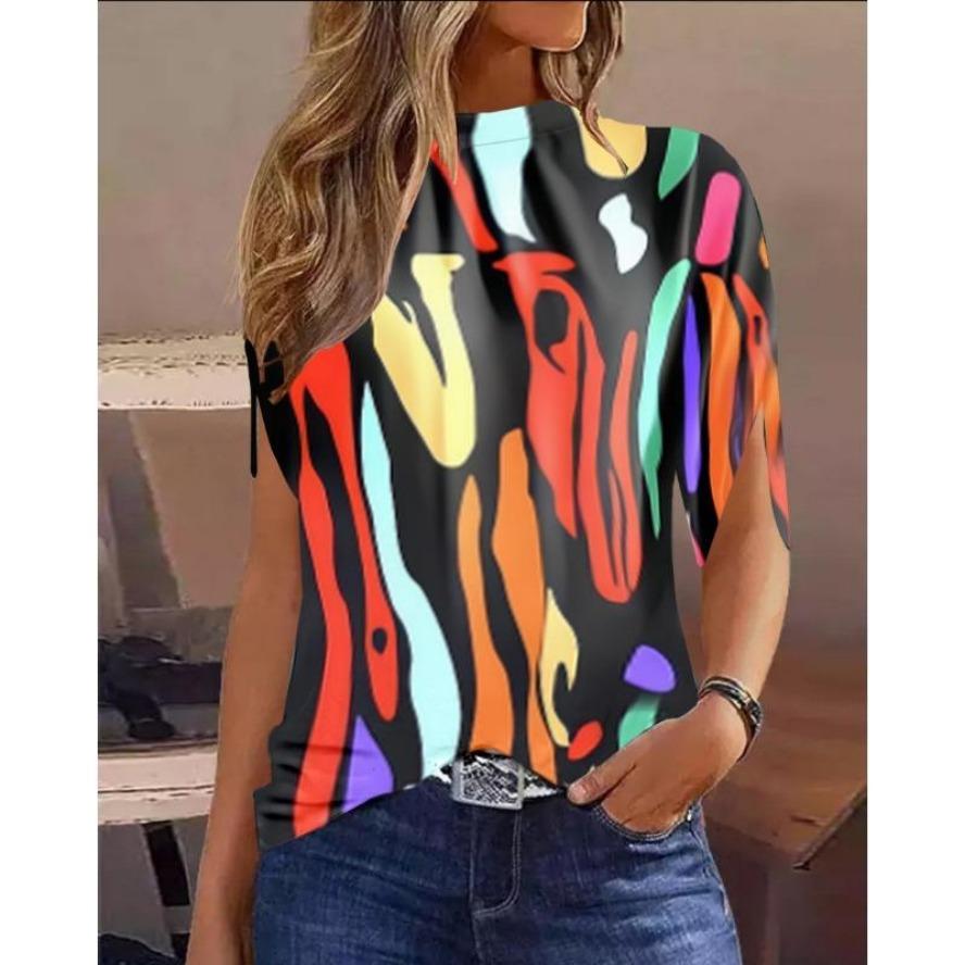 

YYFS Women s Fashion Casual Summer Spring Colour Block Print Short Sleeve Half Turtleneck Blouses & Shirts S разноцветный