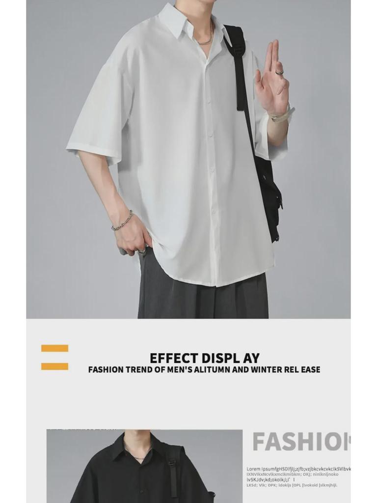 Men's Black Ice Silk Loose-Fit Short-Sleeve Shirt, Korean Style, Casual Summer Wear