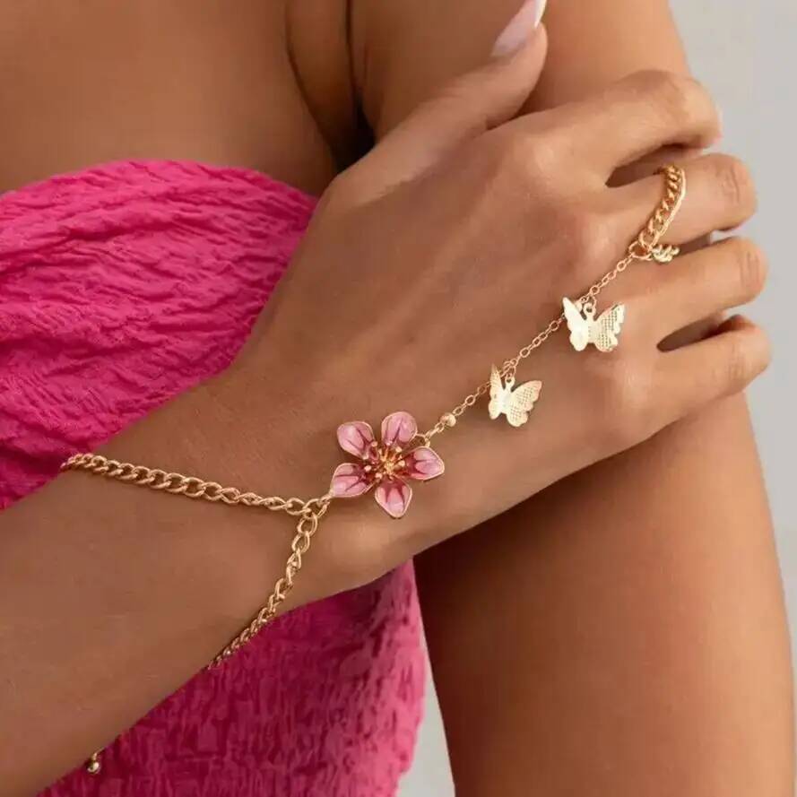 SHIXIN Exquisite Sweet Butterfly Tassel Flower Finger Bracelet Women Vintage Charm Drip Oil Floral Ring Bangle Jewelry Gift 2026