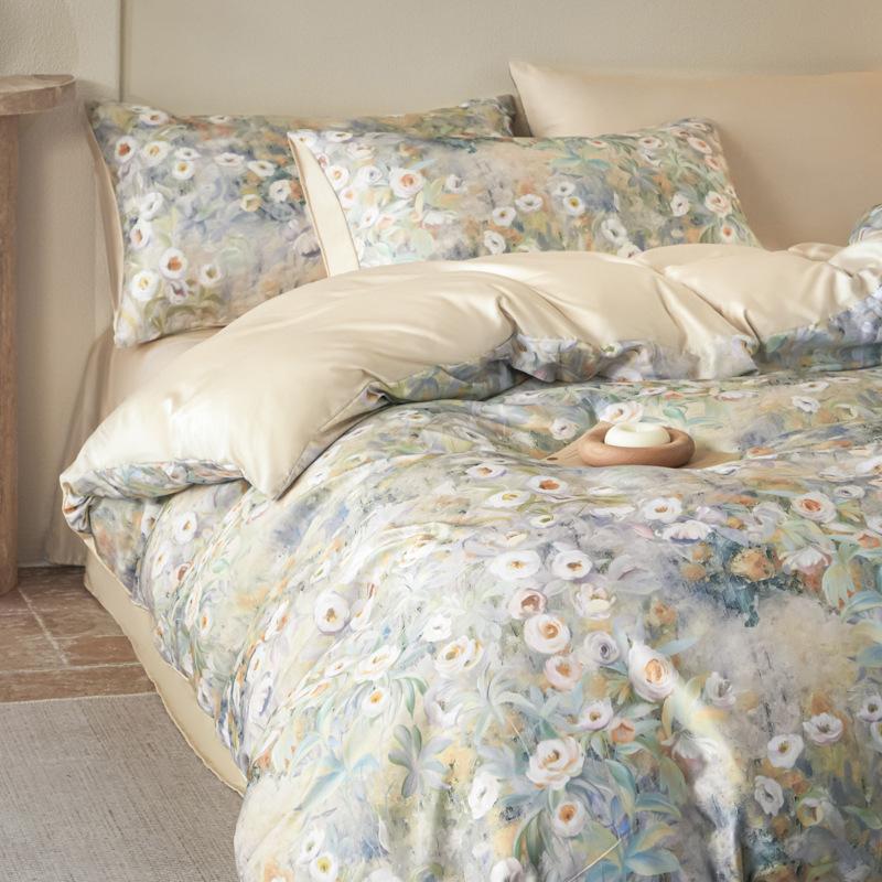 Cold Silk Cool Bedding Set Four-piece Set Oil Painting Style Skin-friendly Breathable Comfortable Bed Sheet Quilt Cover Pillowcase