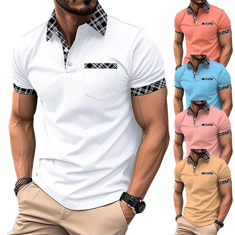 Herren Casual Colorblock Karomusterbesatz Kurzarm Poloshirt mit Brusttasche