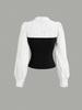 Completo 2 pezzi stile europeo da donna 2026: camicia a V con patchwork in vita e pantaloni