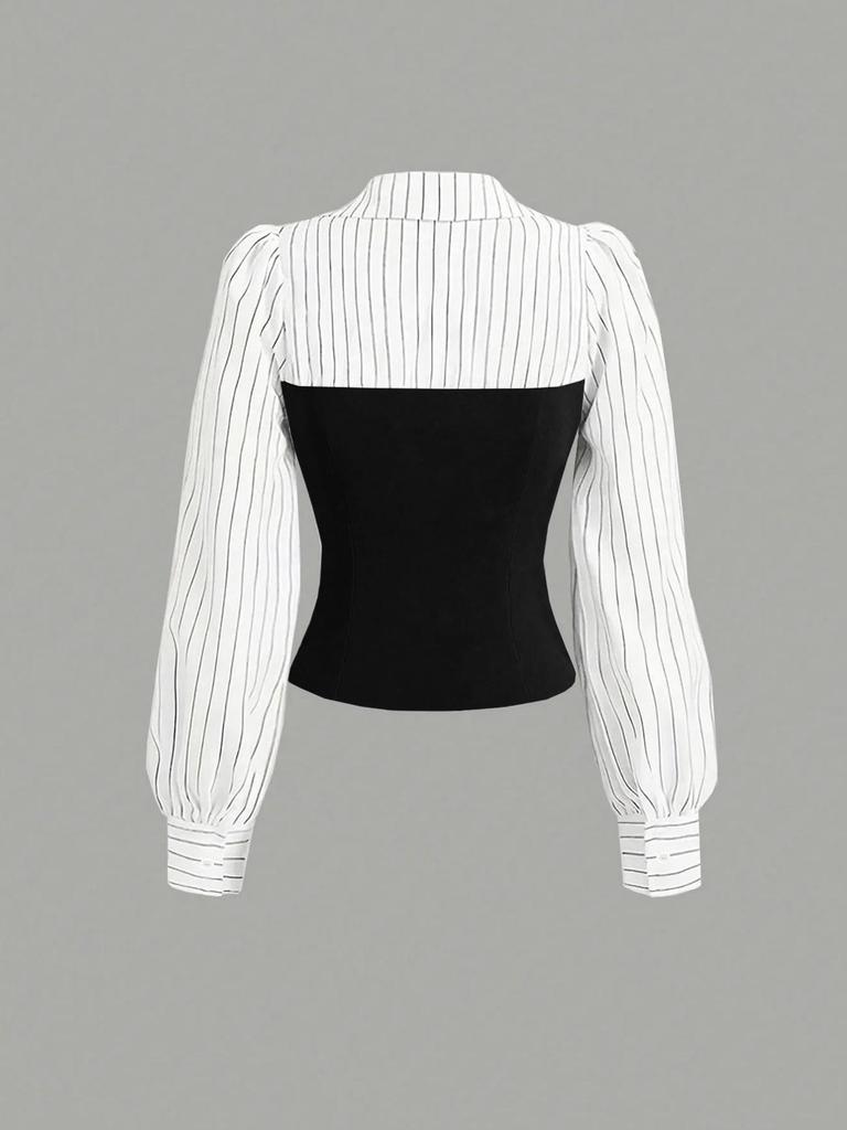 Completo 2 pezzi stile europeo da donna 2026: camicia a V con patchwork in vita e pantaloni