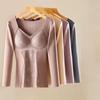 Women's V-Neck Velvet Thermal Top with Chest Pad – Long Sleeve, Slim Fit, Thickened for Autumn/Winter