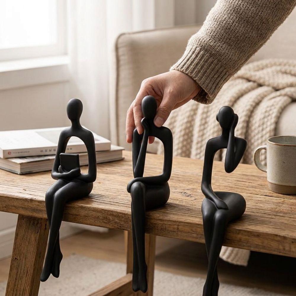 3Pcs Long Leg Abstract Sitting Human Sculpture Set Hollow Reading Thinking Figurine Office Desk