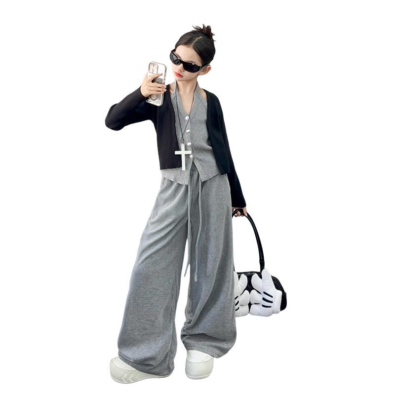2025 Girls' Trendy Two-Piece Autumn Set: Cardigan Sweater & Wide-Leg Pants
